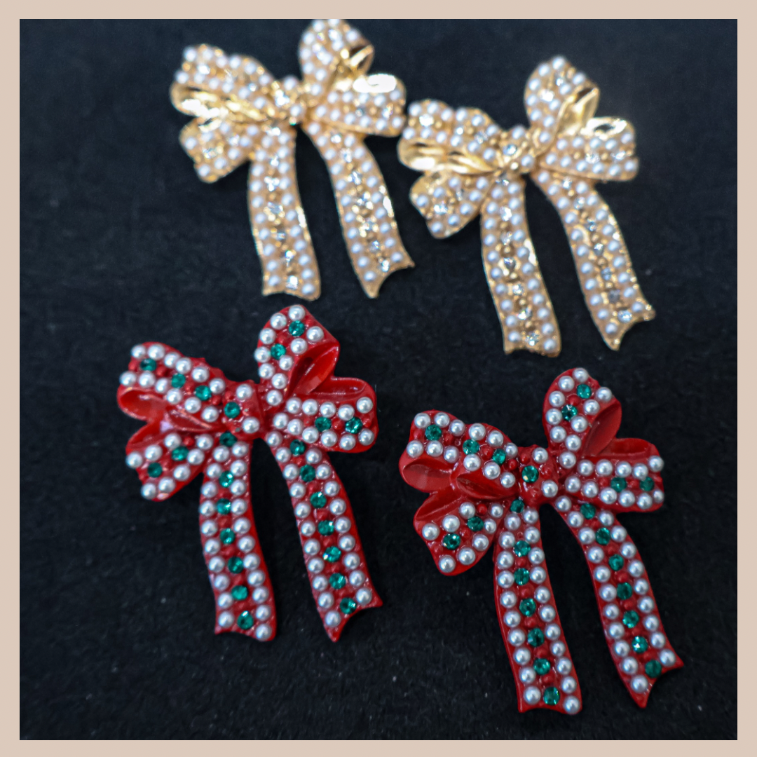 Christmas Bow Pearl & Diamante Earrings - Red