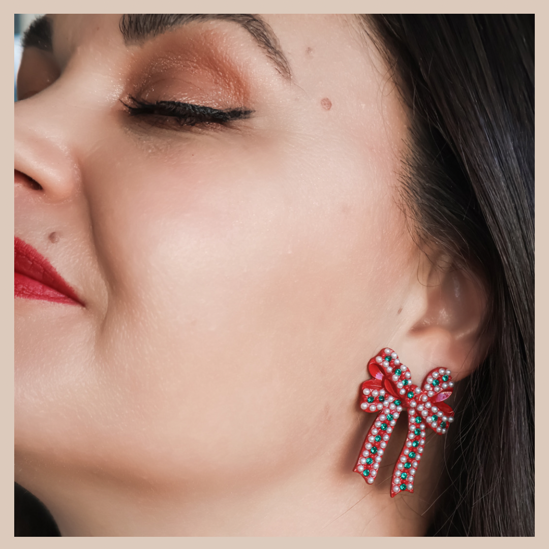 Christmas Bow Pearl & Diamante Earrings - Red