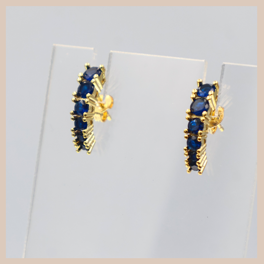 Colourful Curved Rhinestone Stud Drops - Sapphire & Gold