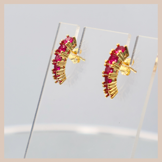 Colourful Curved Rhinestone Stud Drops - Raspberry & Gold