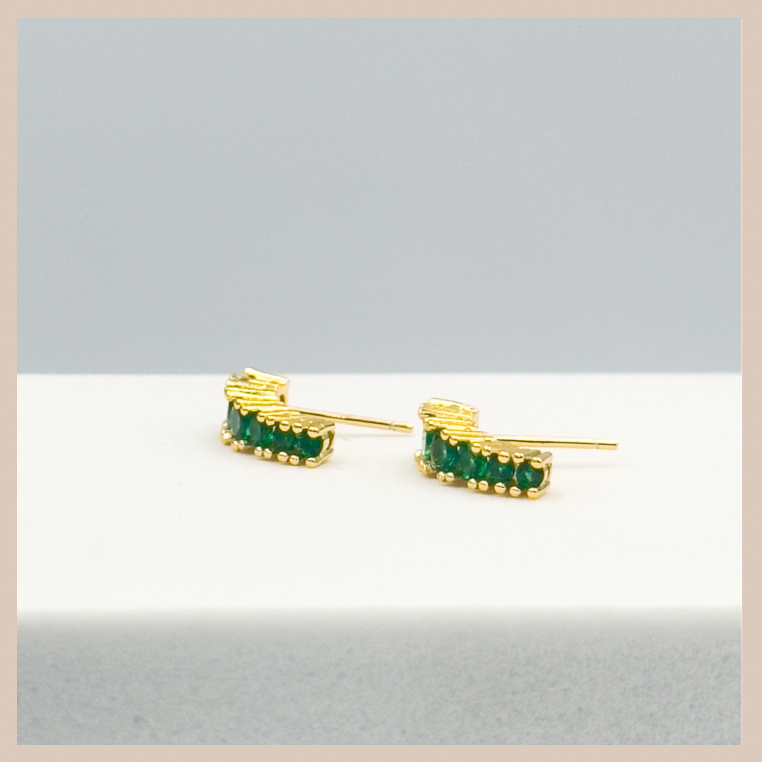 Colourful Curved Rhinestone Stud Drops - Emerald & Gold