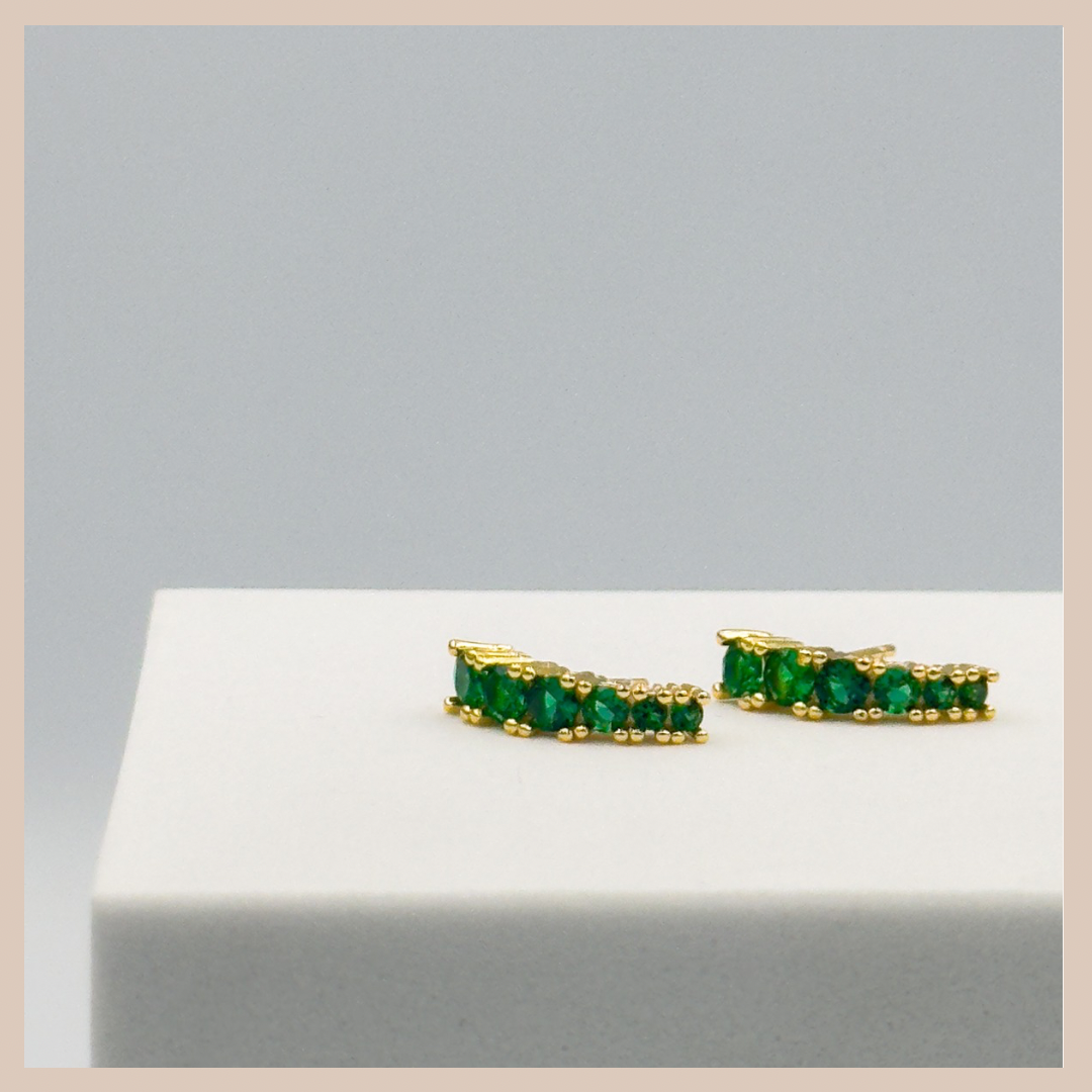 Colourful Curved Rhinestone Stud Drops - Emerald & Gold