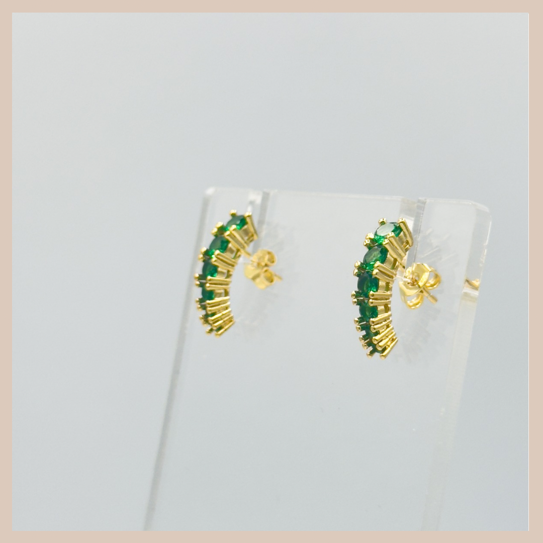 Colourful Curved Rhinestone Stud Drops - Emerald & Gold