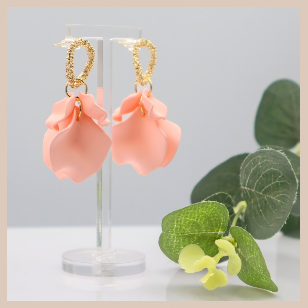 Acrylic Petal Small Cluster Drop Earrings - Soft Pink & Gold