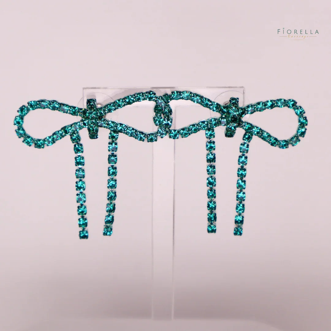 Teal Diamanté Wide Bow Earrings