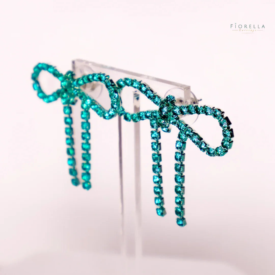 Teal Diamanté Wide Bow Earrings