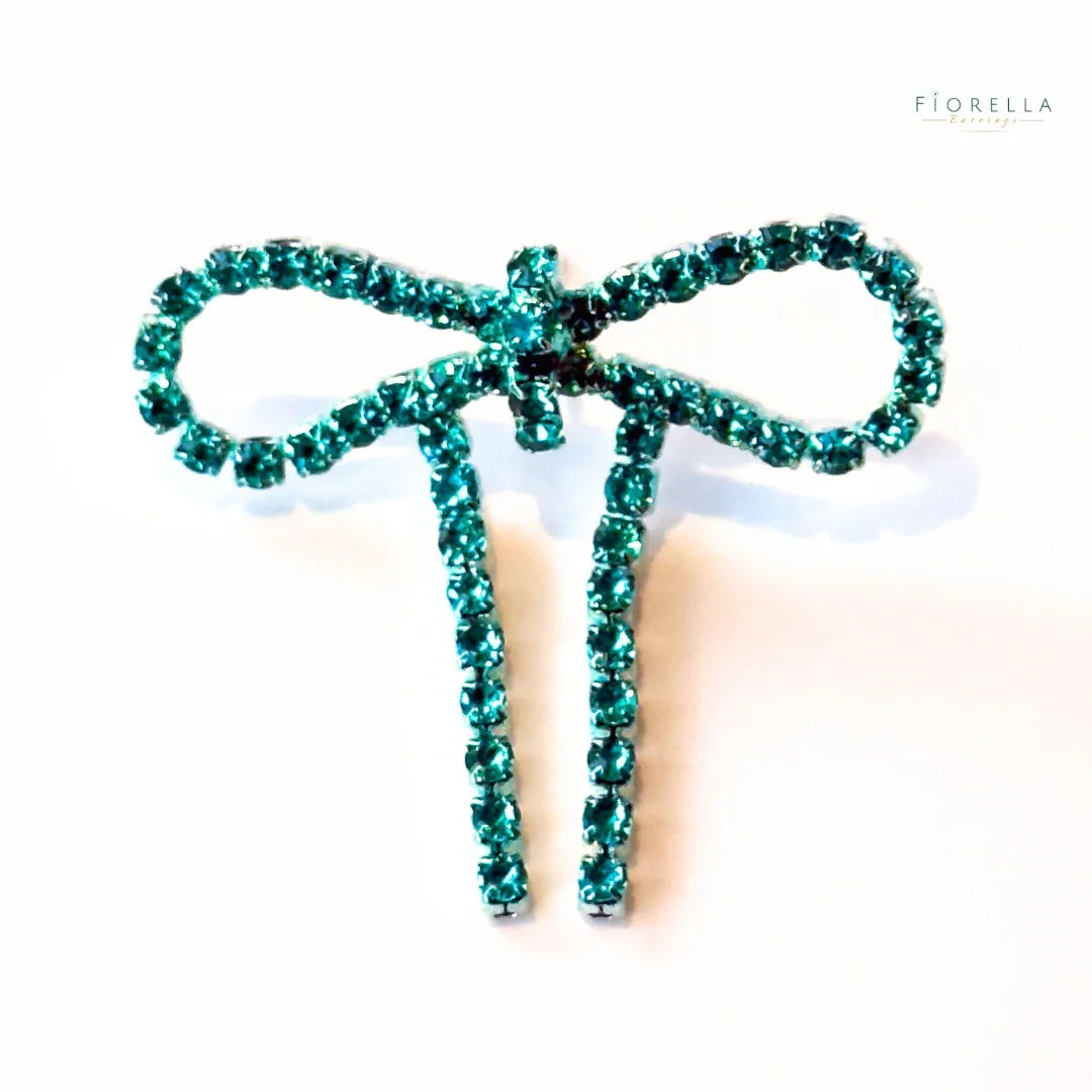 Teal Diamanté Wide Bow Earrings