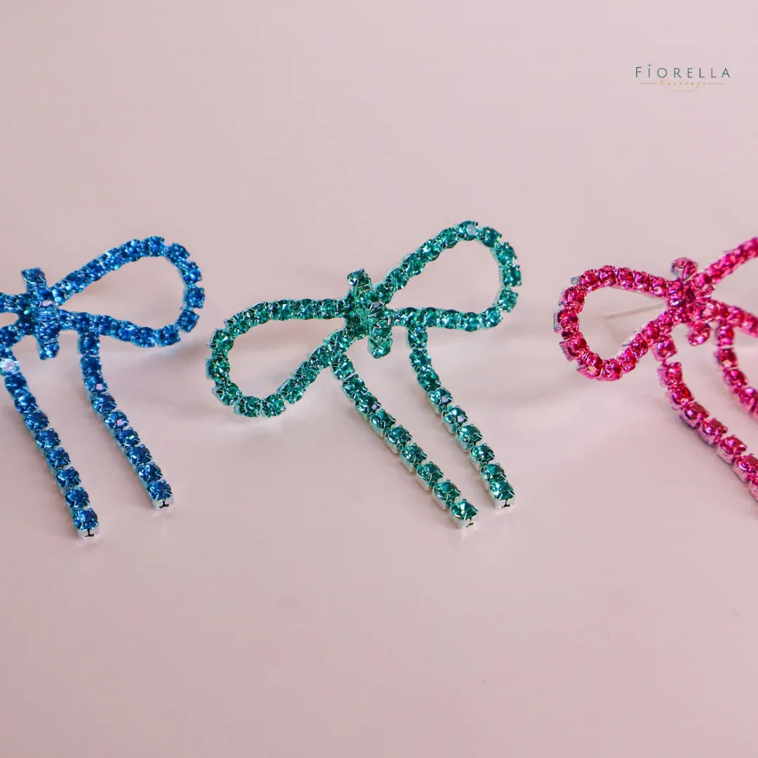 Pink Diamanté Wide Bow Earrings