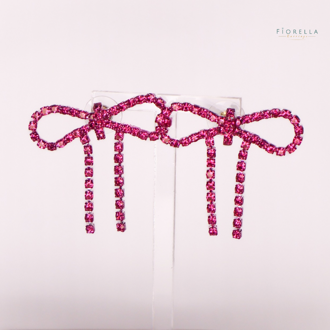 Pink Diamanté Wide Bow Earrings