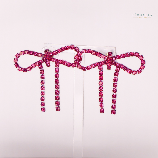 Pink Diamanté Wide Bow Earrings