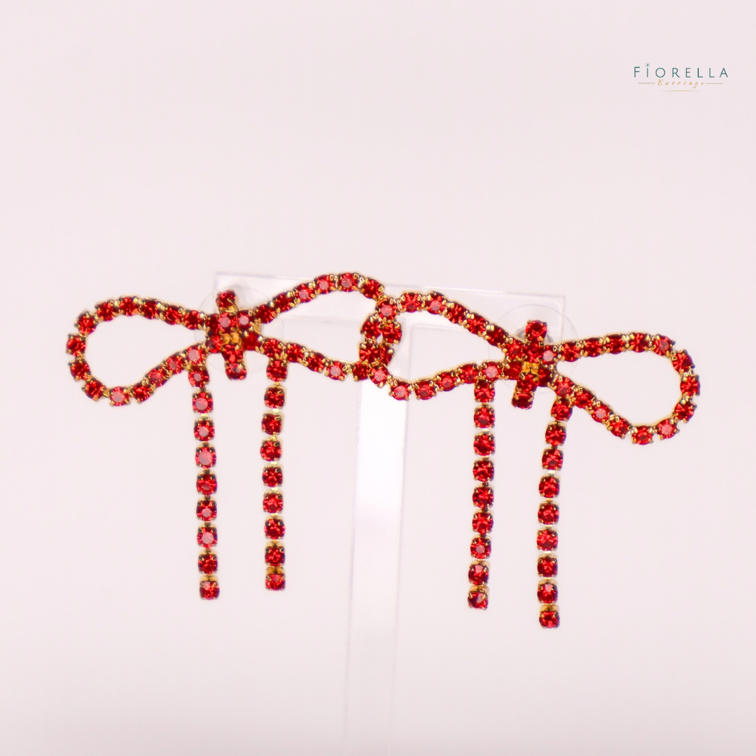 Red Diamanté Wide Bow Earrings