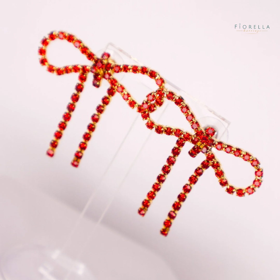 Red Diamanté Wide Bow Earrings