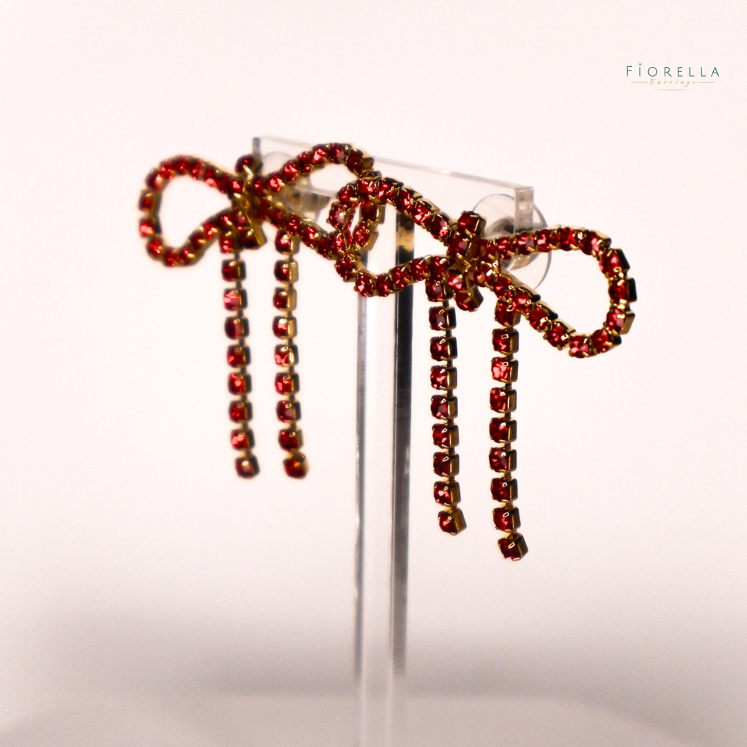 Red Diamanté Wide Bow Earrings