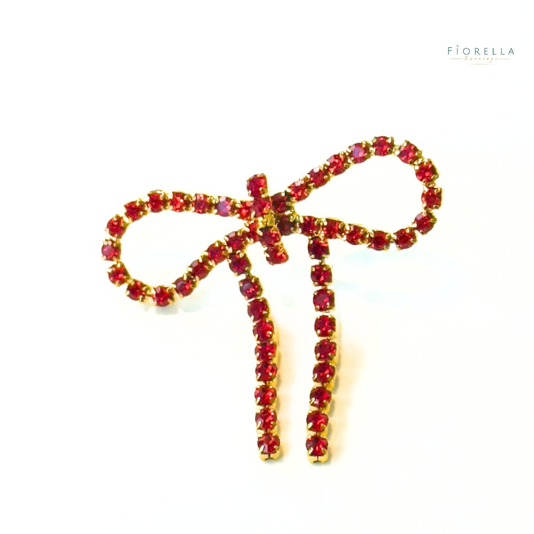 Red Diamanté Wide Bow Earrings