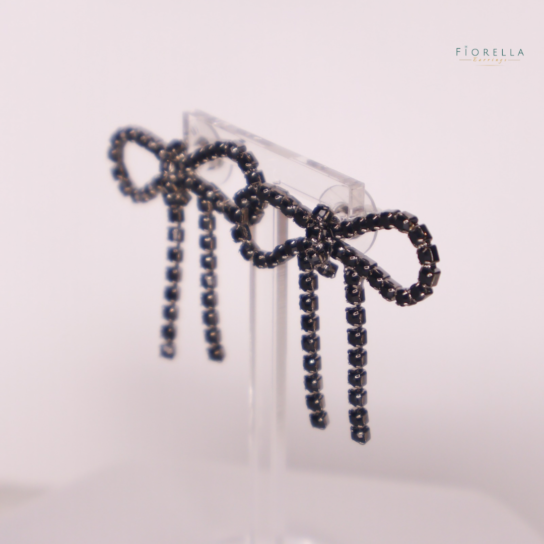 Black Diamanté Wide Bow Earrings