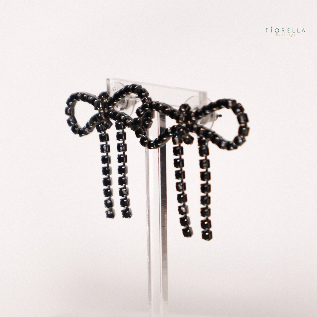 Black Diamanté Wide Bow Earrings