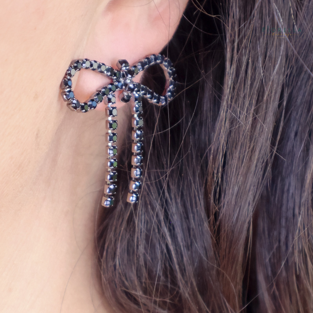 Black Diamanté Wide Bow Earrings
