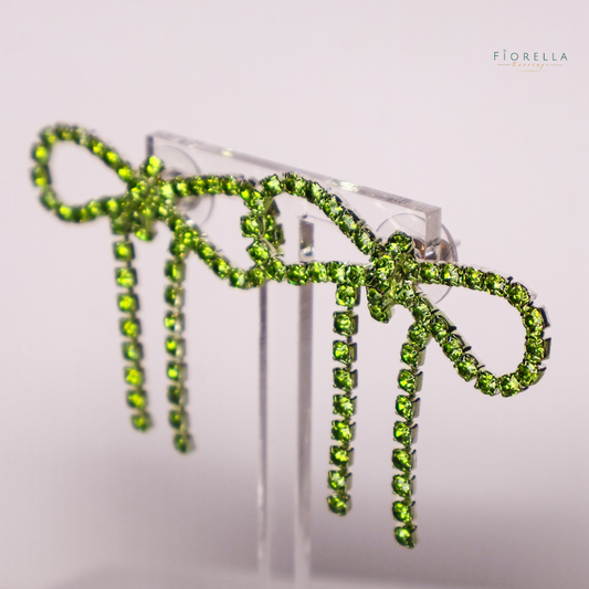 Green Diamanté Wide Bow Earrings