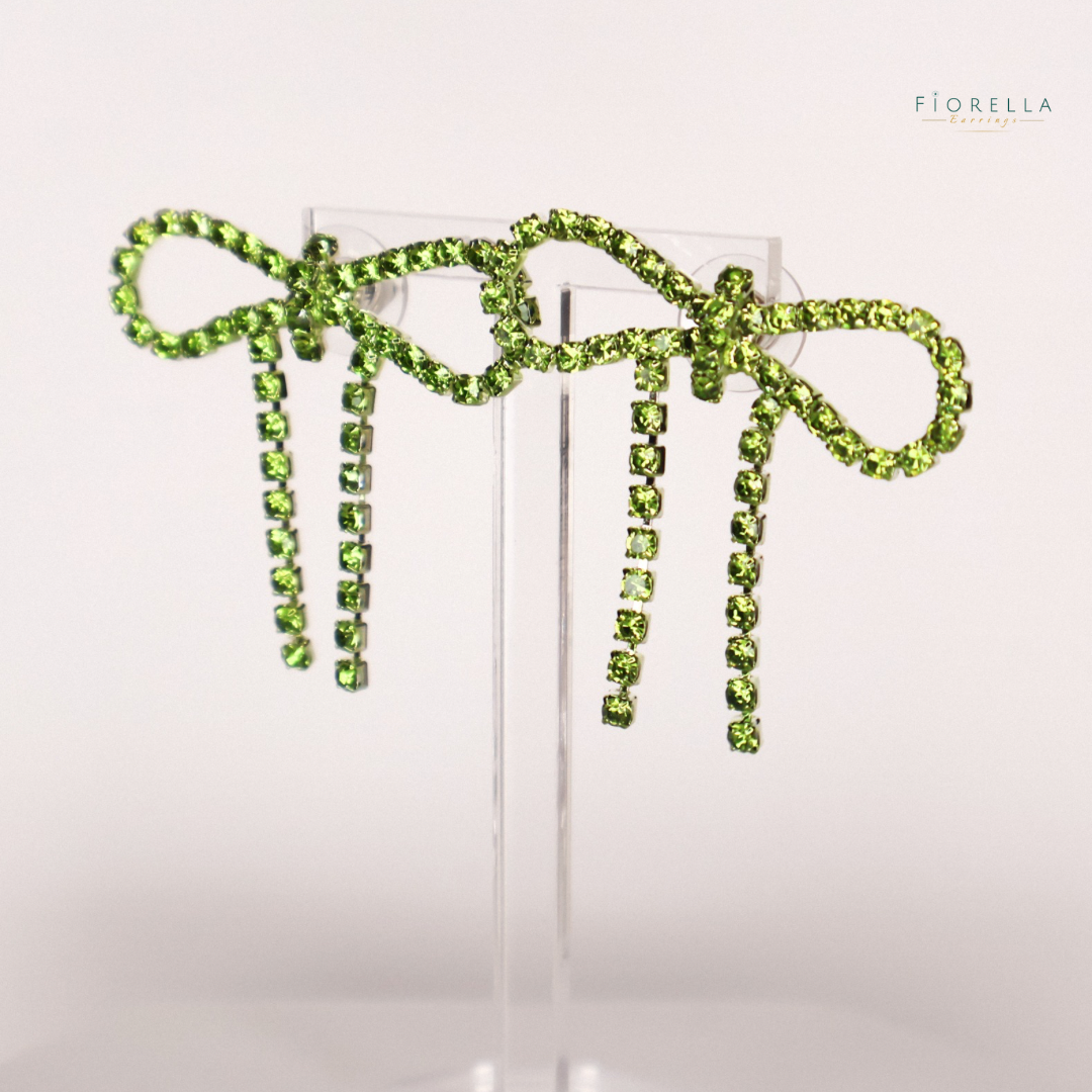 Green Diamanté Wide Bow Earrings