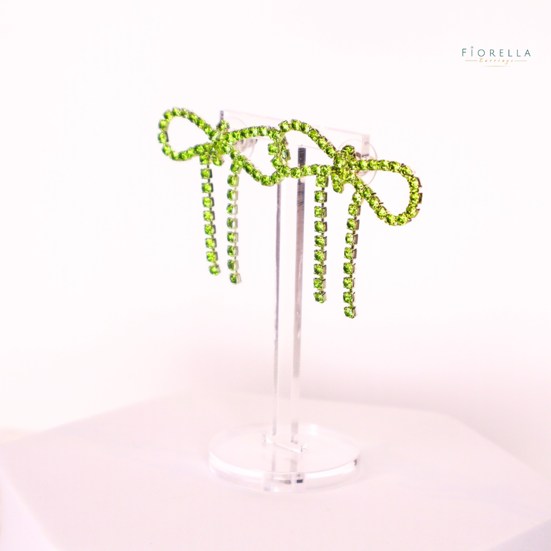 Green Diamanté Wide Bow Earrings