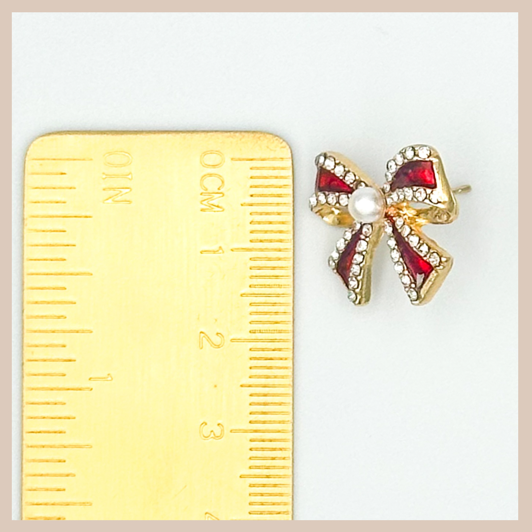 Colourful Bow Diamanté & Pearl Stud Earrings - Snow White