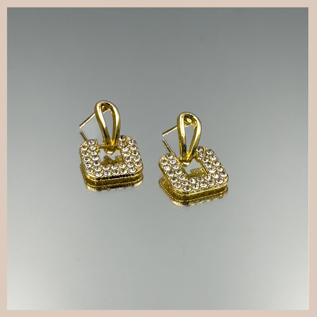 Mini Square Diamanté Gold Drop Earrings