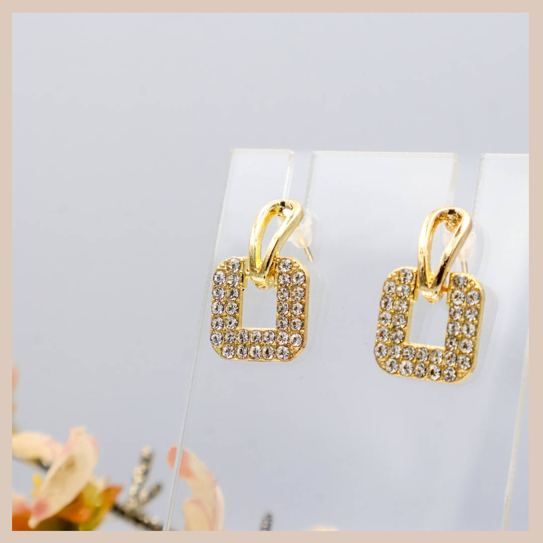 Mini Square Diamanté Gold Drop Earrings