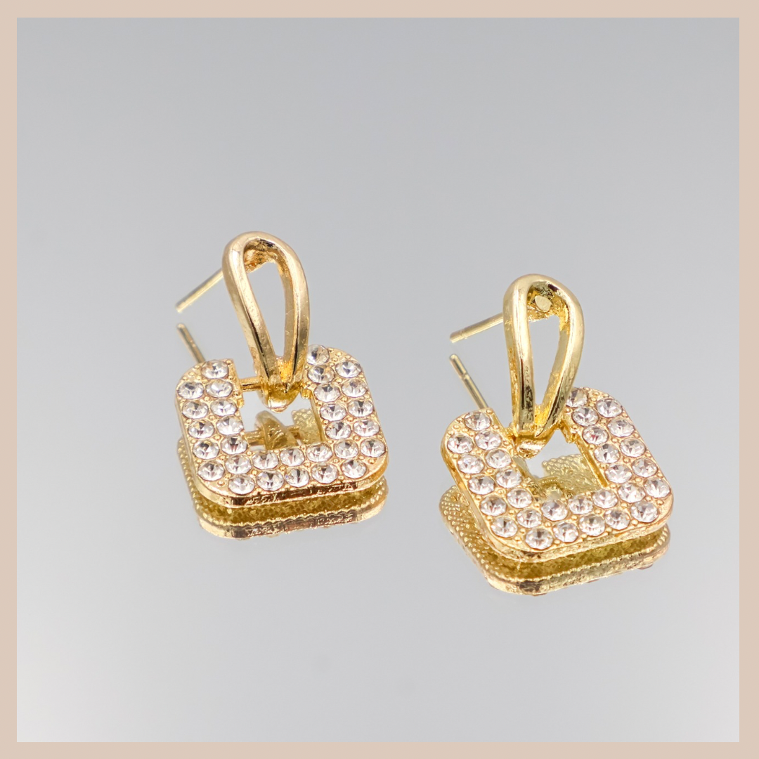 Mini Square Diamanté Gold Drop Earrings