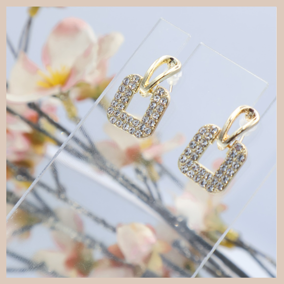 Mini Square Diamanté Gold Drop Earrings