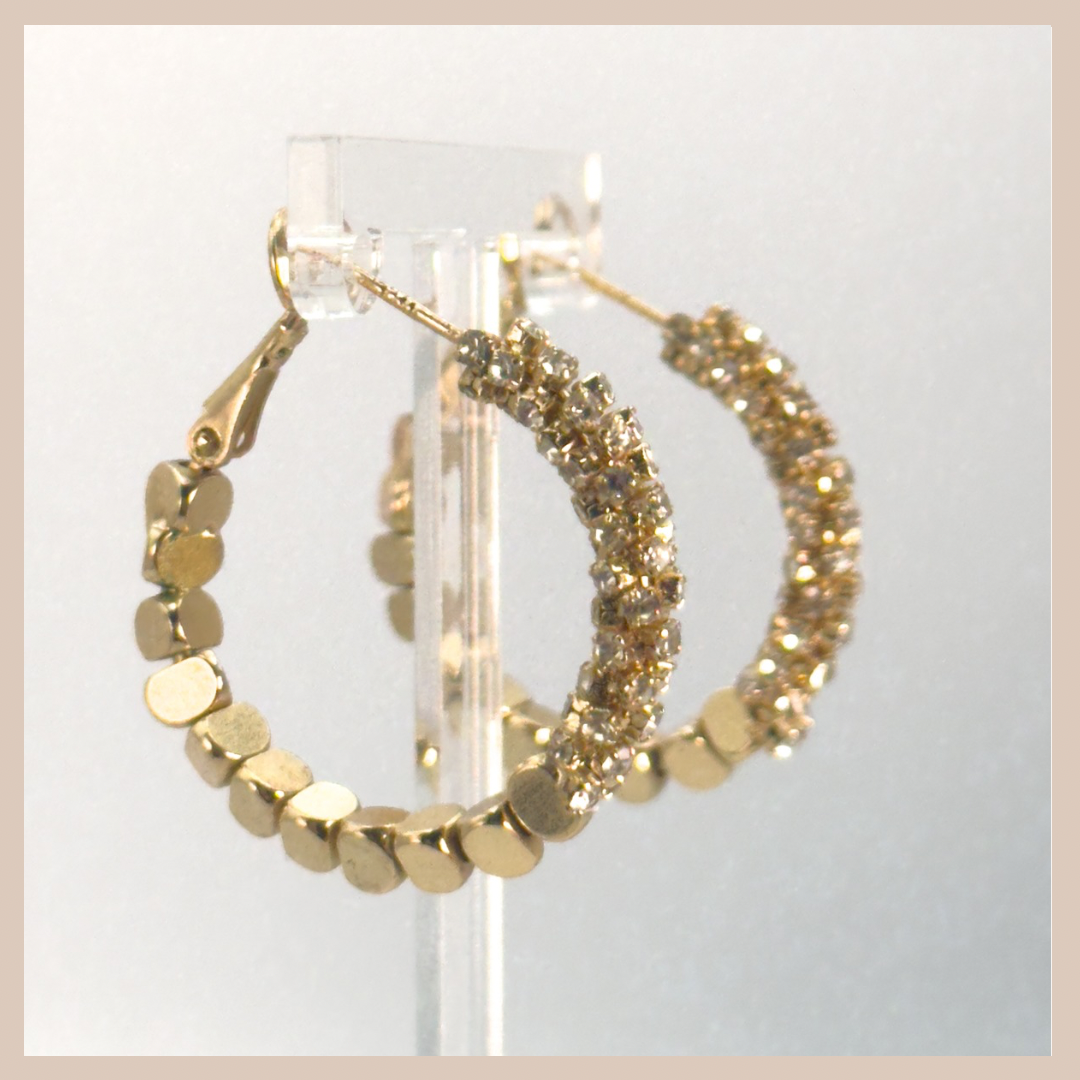 Diamante Encrusted & Beaded Medium Hoops - Gold