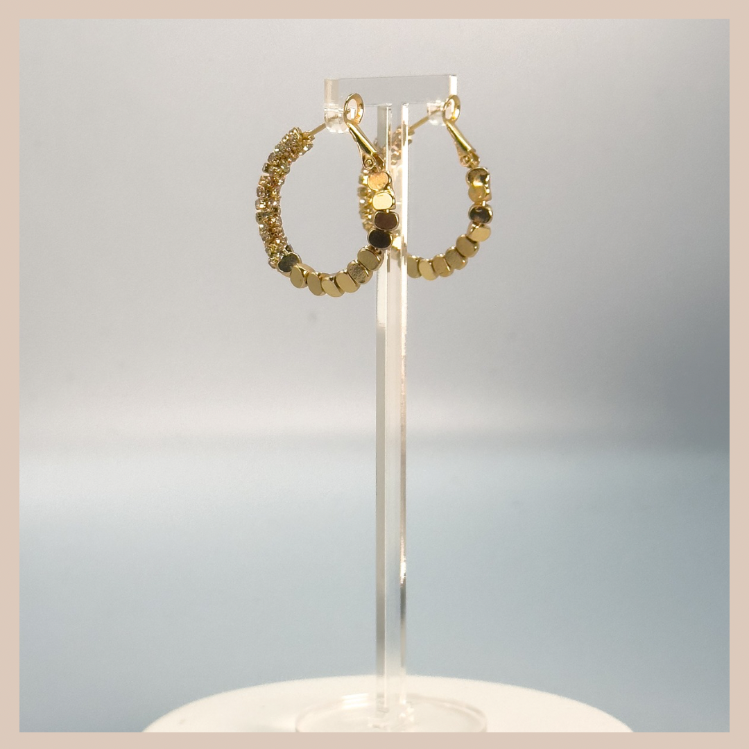 Diamante Encrusted & Beaded Medium Hoops - Gold