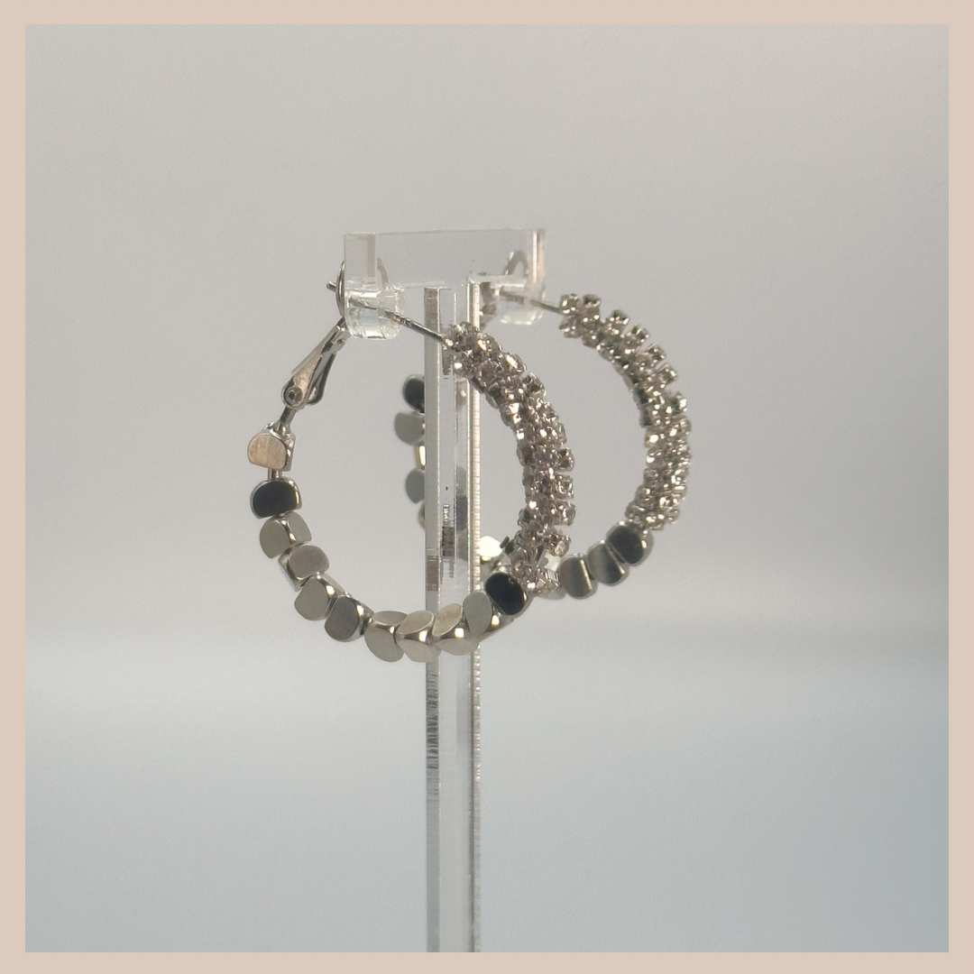 Diamante Encrusted & Beaded Medium Hoops - Silver