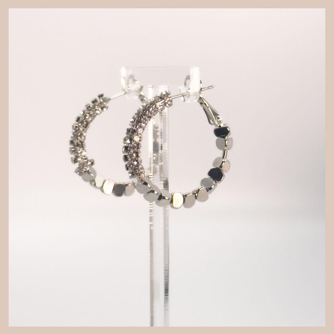 Diamante Encrusted & Beaded Medium Hoops - Silver