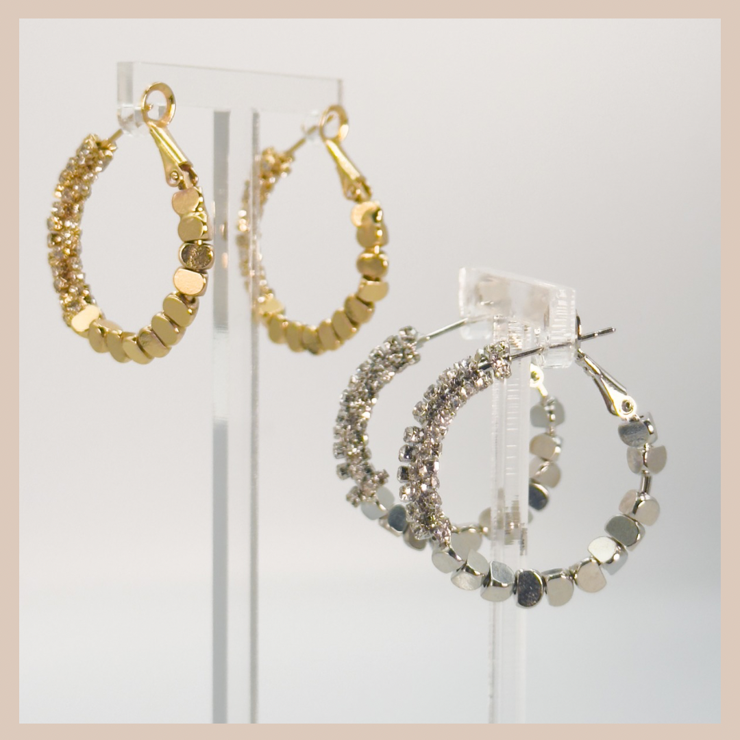 Diamante Encrusted & Beaded Medium Hoops - Silver