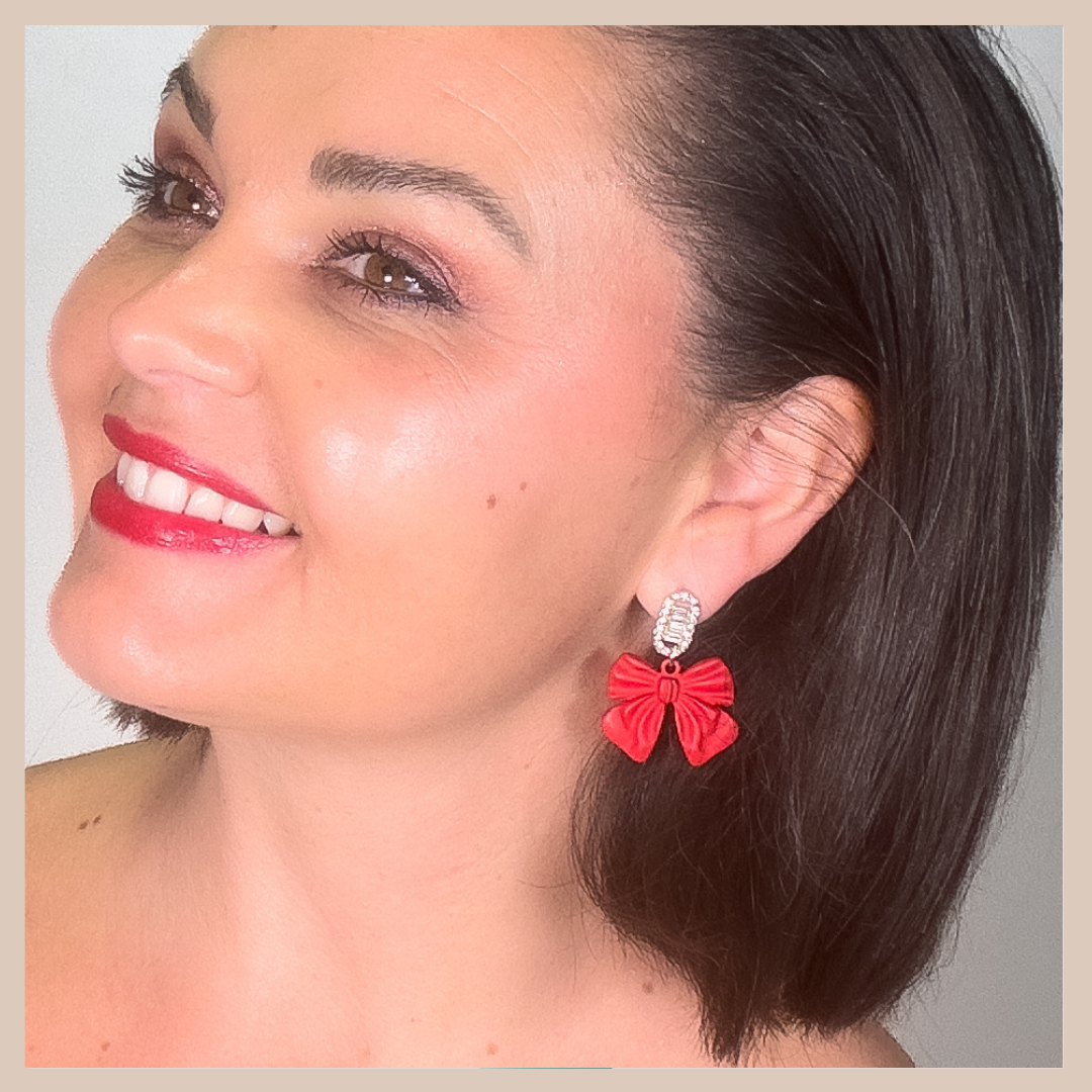 Bow & Diamanté Earrings - Red