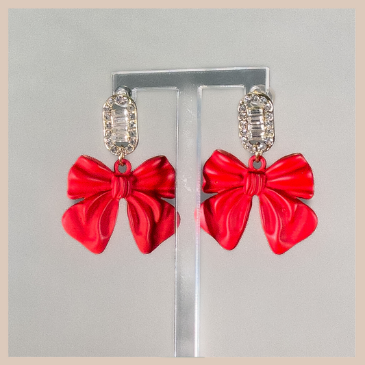 Bow & Diamanté Earrings - Red