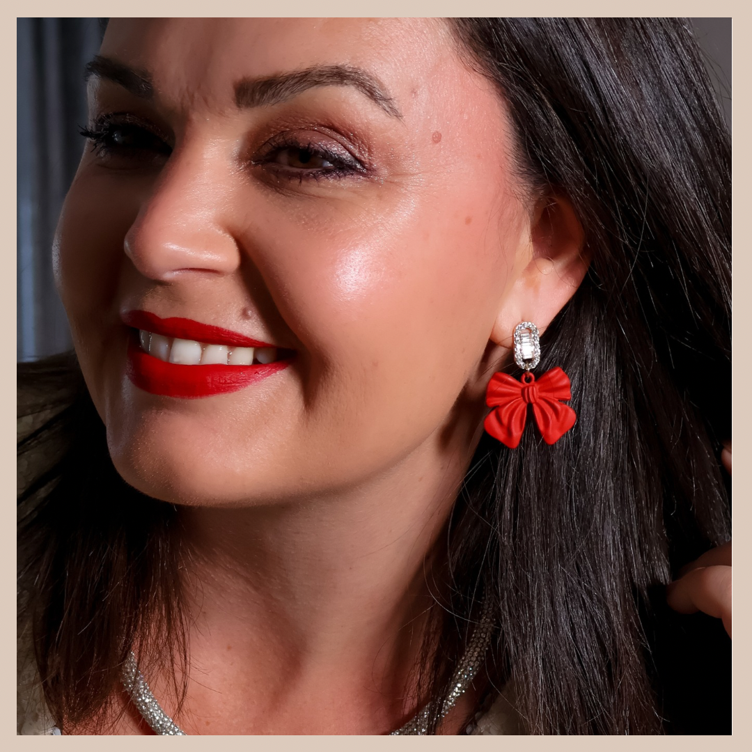 Bow & Diamanté Earrings - Red