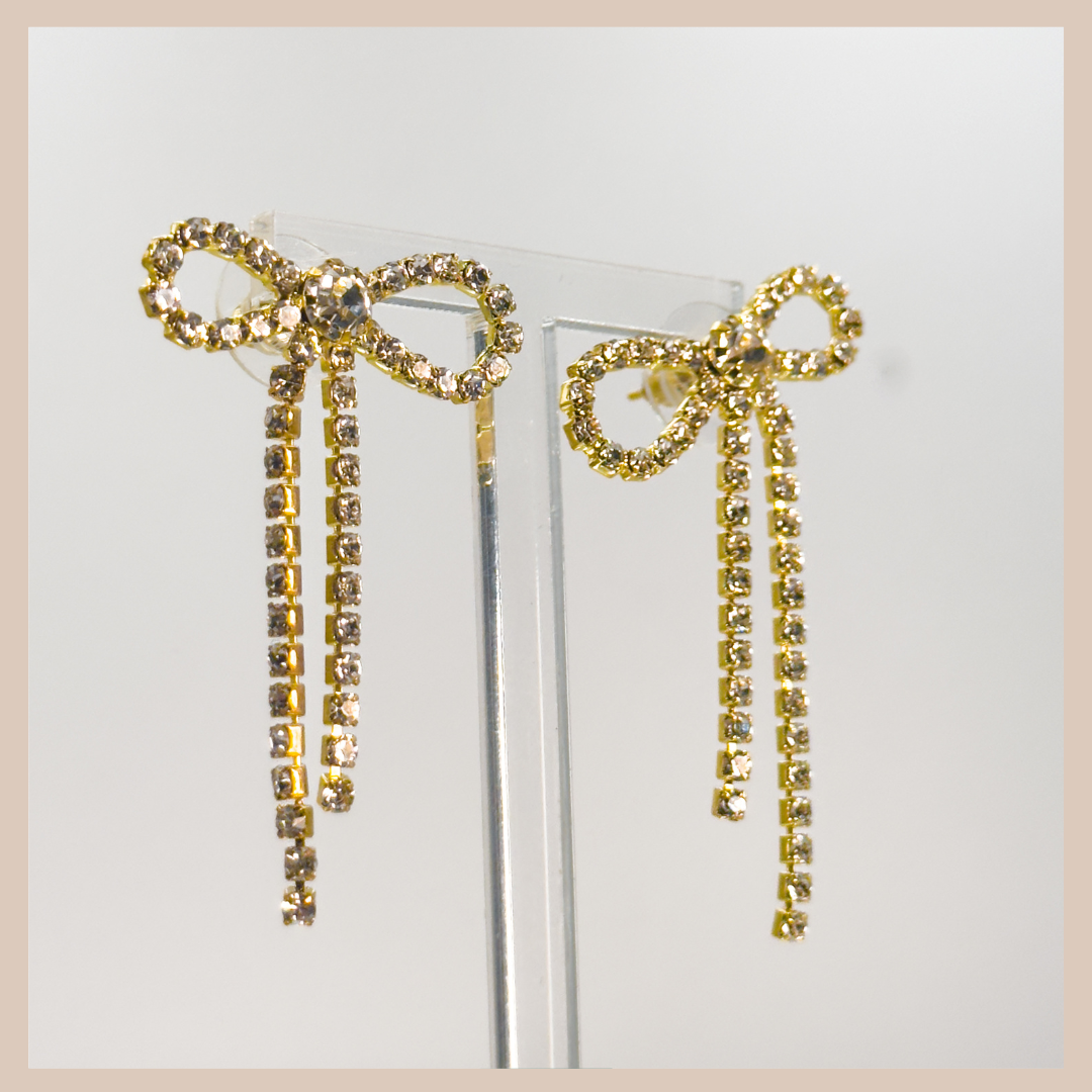 Diamante Bow Earrings - Gold