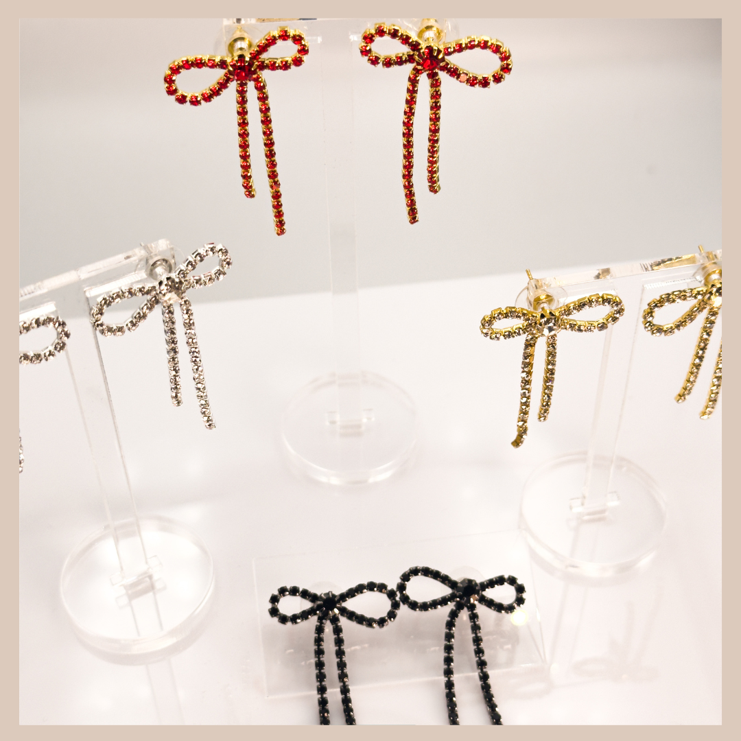 Diamante Bow Earrings - Red