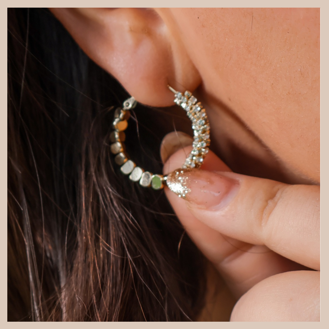 Diamante Encrusted & Beaded Medium Hoops - Gold