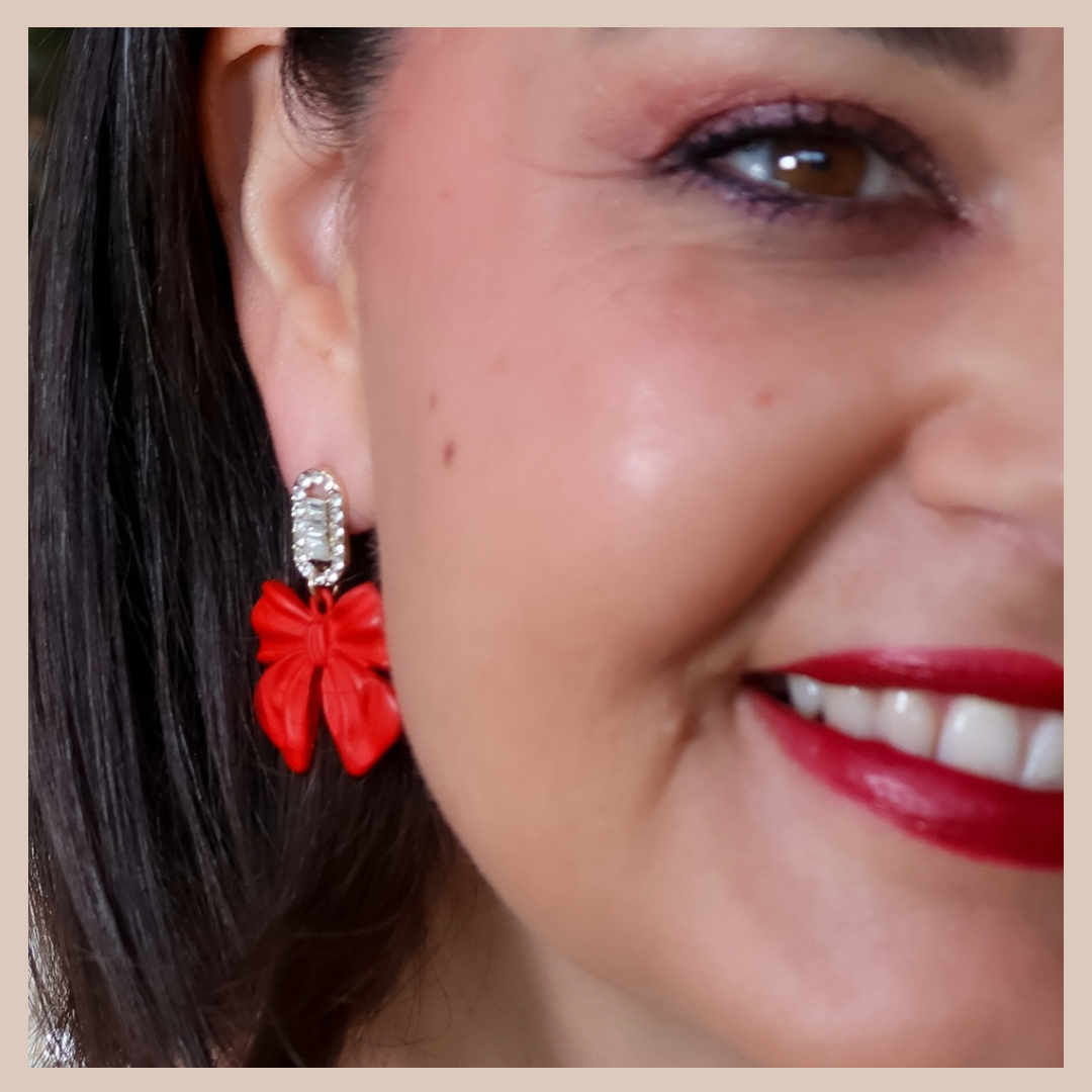 Bow & Diamanté Earrings - Red