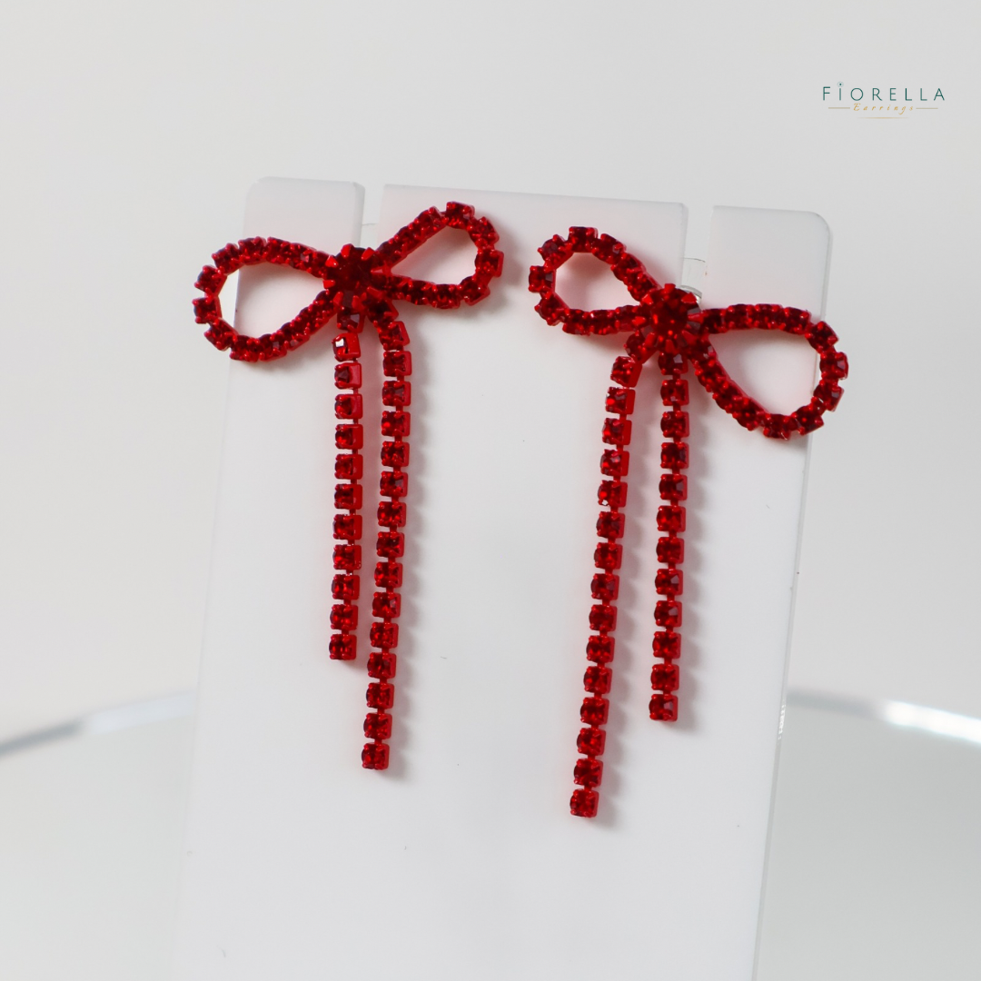 Diamante Bow Earrings - Bright Red