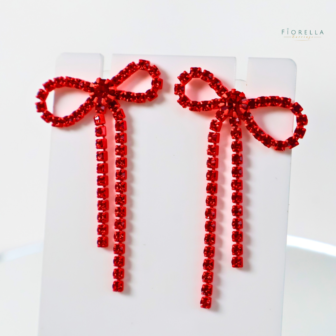 Diamante Bow Earrings - Bright Red