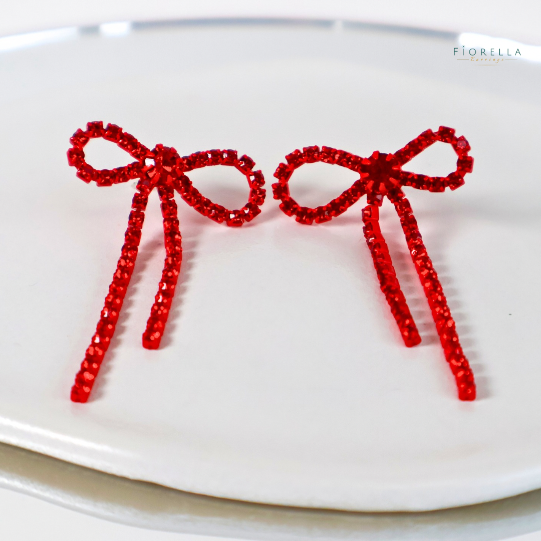 Diamante Bow Earrings - Bright Red