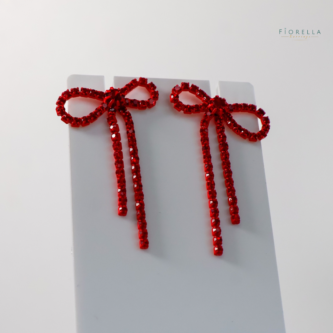 Diamante Bow Earrings - Bright Red