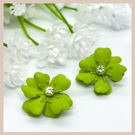 Metal Flower Stud Earrings - Matte Green