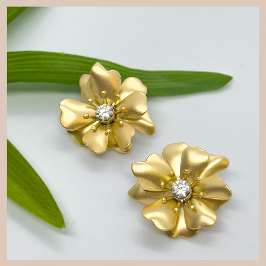 Metal Flower Stud Earrings - Matte Gold