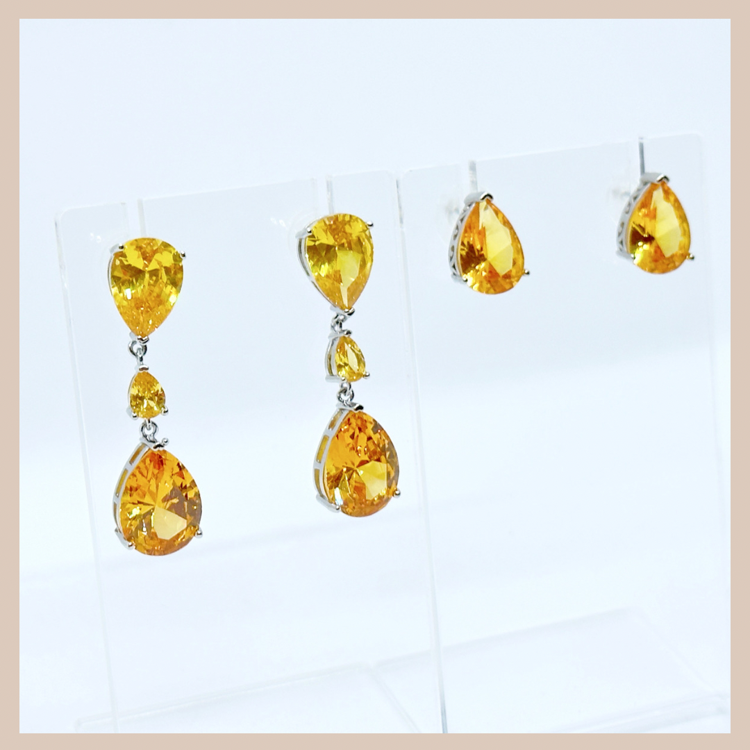 Double Water Drop Small Earrings - Amber Yellow