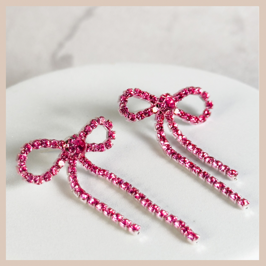 Diamante Bow Earrings - Hot Pink