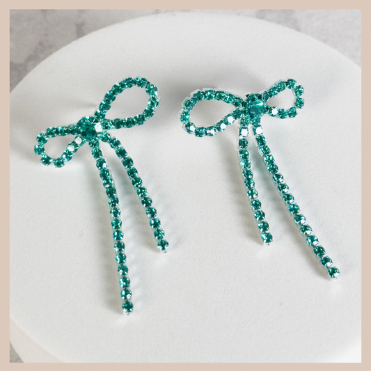 Diamante Bow Earrings - Teal